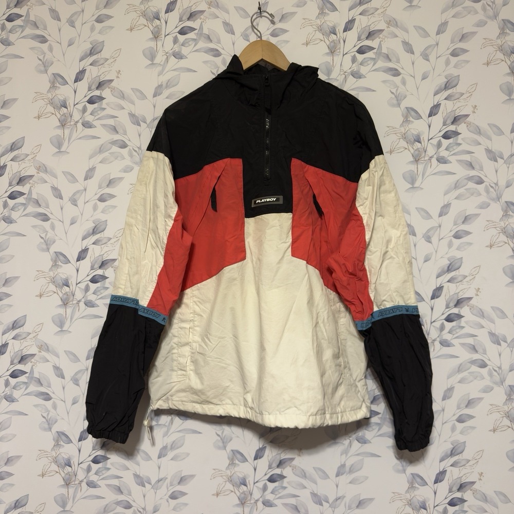 Playboy By Pacsun Mens Windbreaker Pullover Sz M Logo 1/4 Zip Hooded Color Block